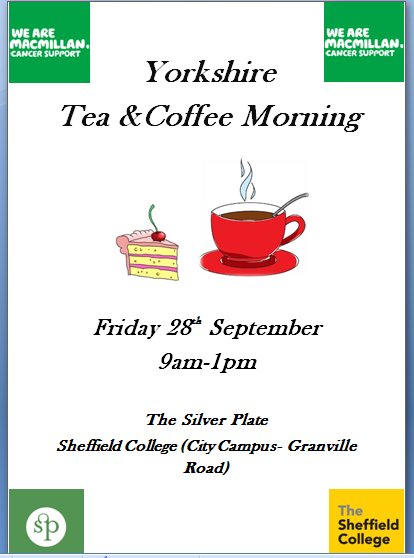 On the 28th of September (9am-1pm), we will be hosting a Macmillan  Coffee Morning in the Silver Plate. If you're not busy pop in for a  cuppa! We'd love to see some friendly faces, there will be fun  activities for you to play too!