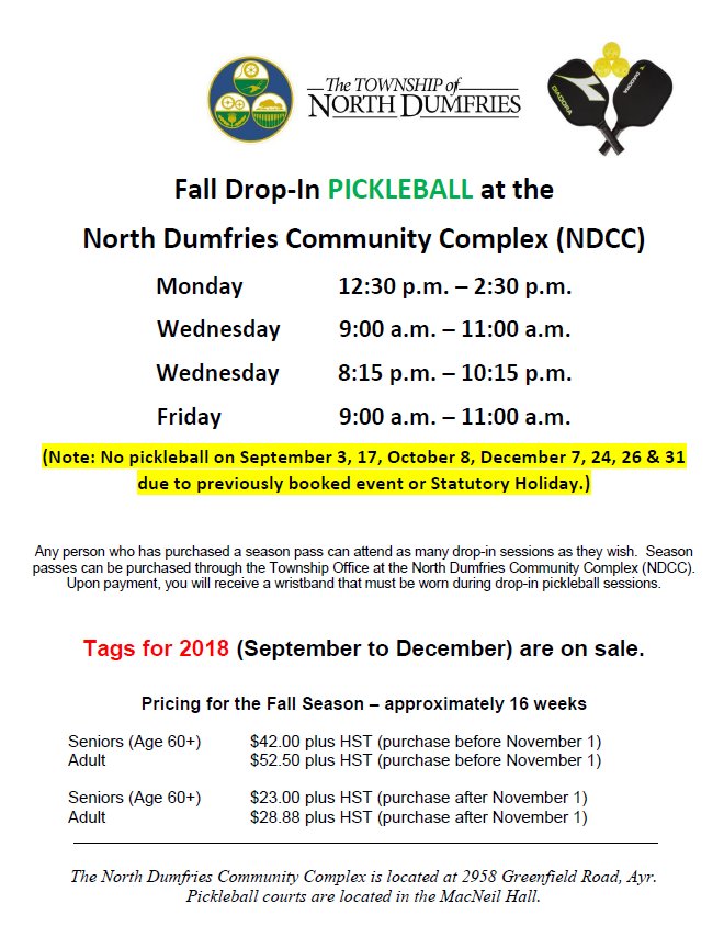 Just a quick reminder to our pickleball players, no pickleball today due to the North Dumfries School Fair.  See you back on the court on Wednesday!