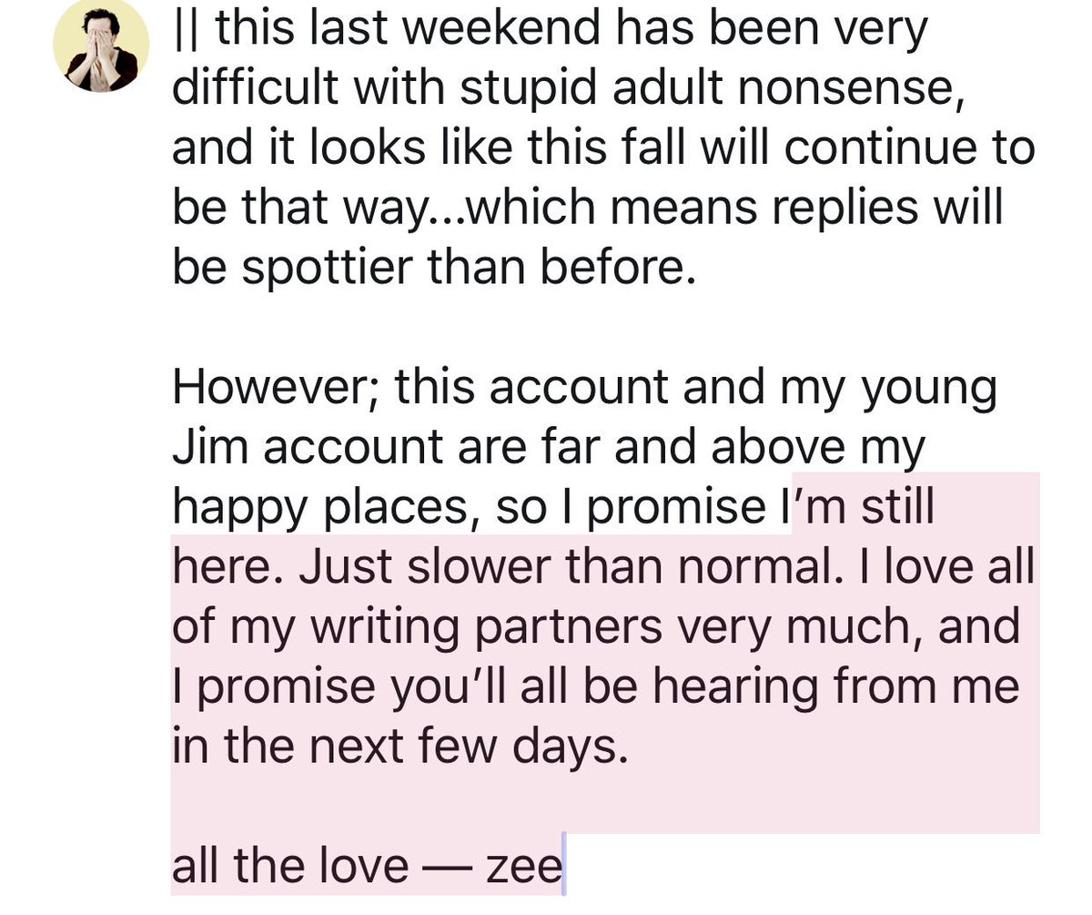 || a brief OOC message, if we’re writing together right now it applies to you, thank you guys for your continued patience 💙💙💙💙💙
