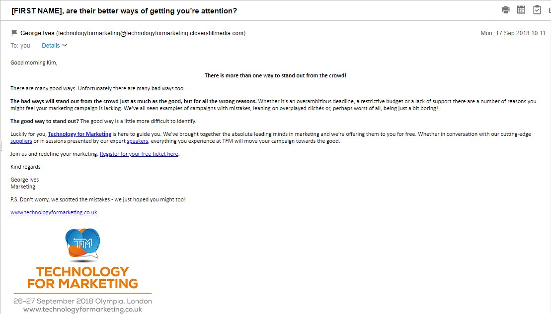 emailgeekuk's tweet image. Clever email from #TechnologyforMarketing - Was going to slate soon as i saw the subject line. Nearly missed the P.S. though 😆

#CleverEmailMarketing #TFM18 #TFM #EmailGeeks #StopShaming