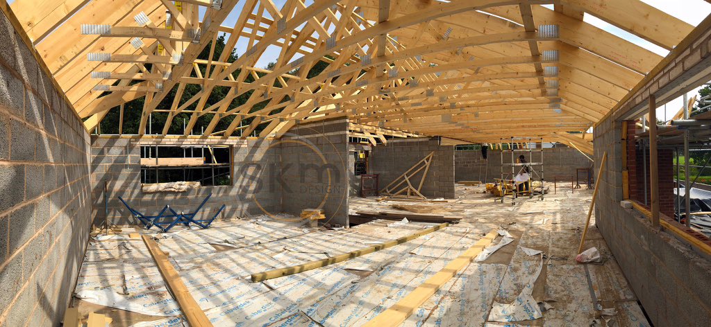 We've got a stunning #Panorama to show you; this is progress on one of our large private #Residential projects where you can see #blockwork walls and #roof #joists #rafters on a #beautiful sunny day! More to be posted soon. #architects #architecture #design #Construction