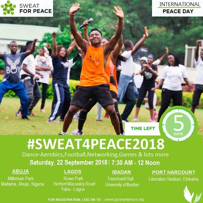 galaxyforpeace's tweet image. Happy faces of young people gearing for #Sweat4Peace
Have you registered to be part of #Sweat4Peace2018 to be held on Spetember 22 22 ?Here's the quick link goo.gl/pBYftd to get the ticket FOR FREE!
#Sweat4Peace2018 #InternationalPeaceDay #PeaceDay
@pocarlee @ClimateWed