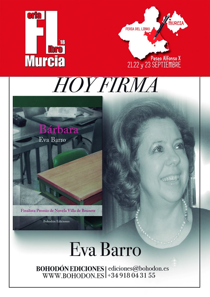 EvaBarroG's tweet photo. ¡Cuenta atrás! El sábado en Murcia. Con Bohodón Ediciones y TdP Taller de Prensa. Y no sólo con "Bárbara", también mis otras novelas.¿Sabéis que "En el tiempo manso" se desarrolla a orillas del Mar Menor? https://t.co/EtqCEDonk4
