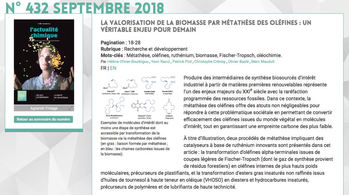 Olivier Baslé (@obasle) on Twitter photo Our article is published in “L’actualité chimique” n°432 of September 2018 <a href="/reseauSCF/">Société Chimique de France (SCF)</a> #metathesis #catalysis #renewables Our article is published in “L’actualité chimique” n°432 of September 2018 <a href="/reseauSCF/">Société Chimique de France (SCF)</a> #metathesis #catalysis #renewables