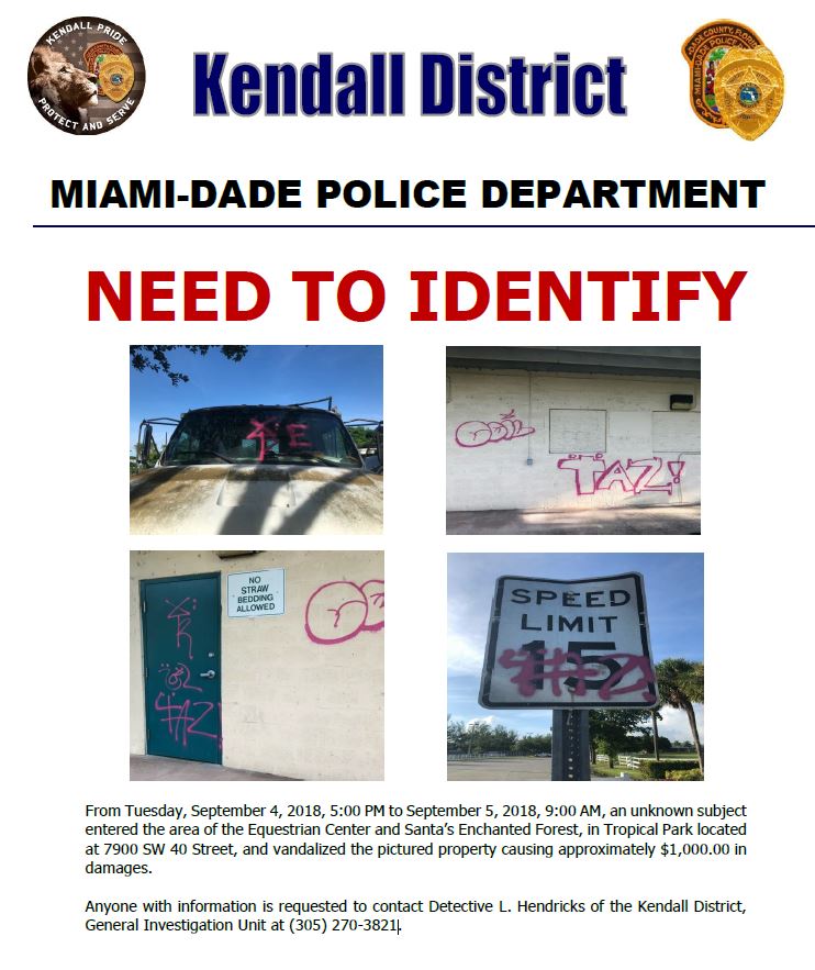 #MDPD's seeking your assistance in identifying a subject who vandalized two areas in Tropical Park, located at 7900 SW 40 Street. Anyone with information regarding this incident is urged to contact MDPD Kendall District Detective L. Hendricks at (305) 270-3821.