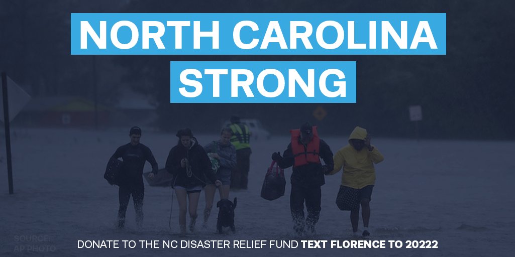 NCDemParty's tweet photo. North Carolinians helping North Carolinians. Those are our values. Text FLORENCE to 20222 to donate to the NC Disaster Relief Fund and help our friends, neighbors, and communities impacted by Florence. https://t.co/vqC3j3DLs9