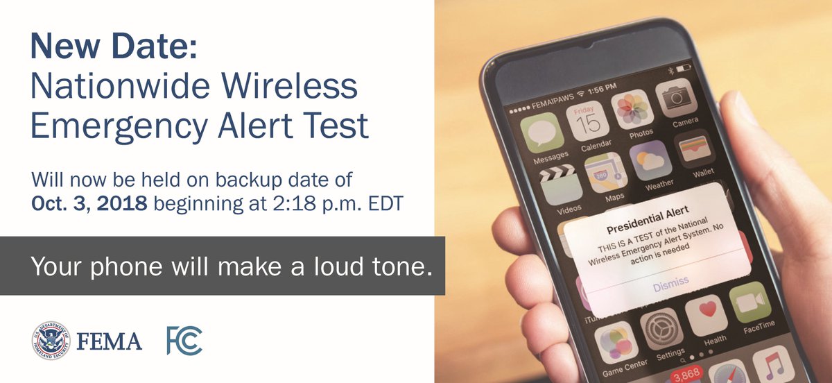 FEMAregion3's tweet image. Nationwide test of the Emergency Alert System and Wireless Emergency Alerts has been POSTPONED due to response efforts for #HurricaneFlorence 
NEW DATE: Oct 3 2:18 - 2:20pm EDT 
This test assesses operational readiness, distribution of a national message. fema.gov/emergency-aler…
