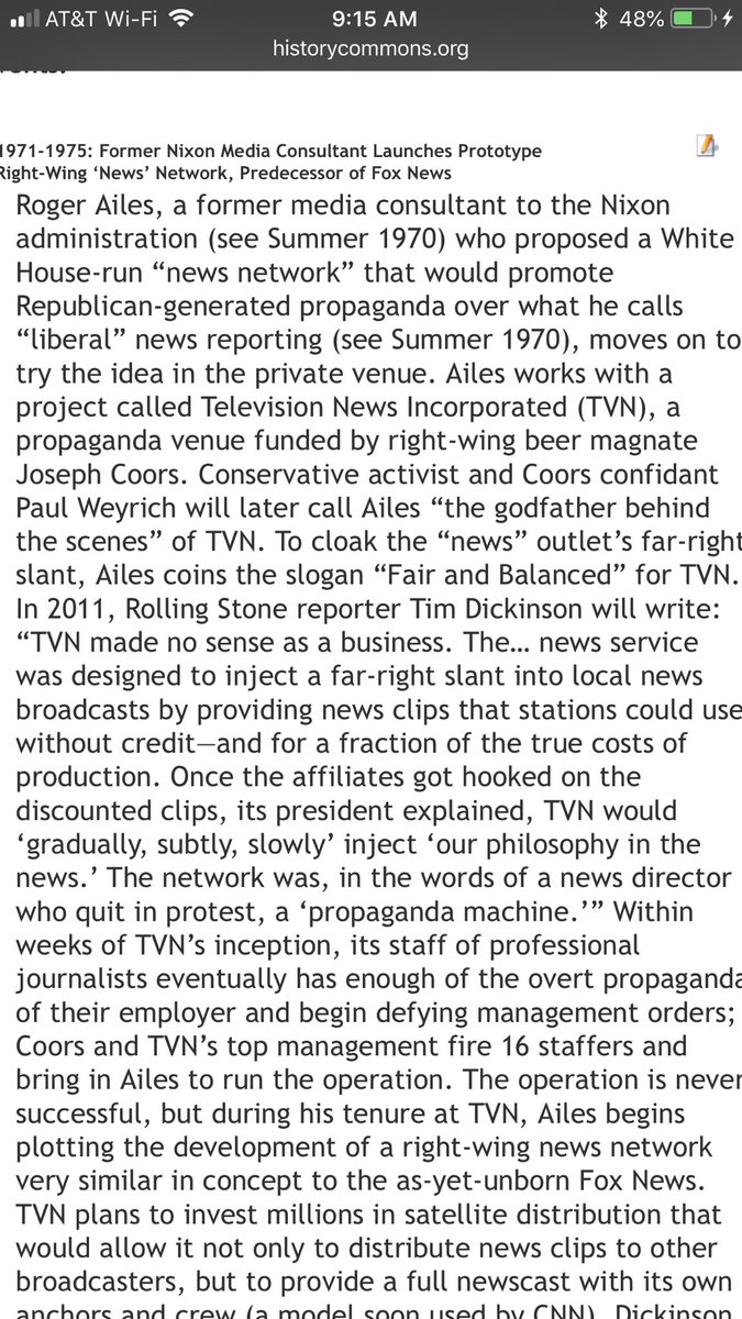 7/ Weyrich and Roger Aisles of Fox News worked together at TVN, Fox News’s precursor.  https://historycommons.org/entity.js...