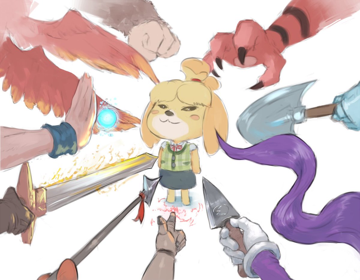 isabelle (animal crossing) weapon sword axe topknot simple background dog girl furry  illustration images