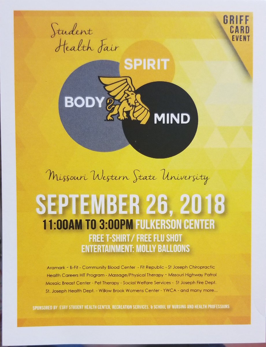 MWSUHealth's tweet photo. Don't miss out on the Student Health Fair, September 26th from 11-3 in Fulkerson, get a flu shot, a t-shirt and see all the vendors! Fit Republic, YWCA and Molly Balloons will be there plus many more! It's a Griff card event so make sure to stop by #griffcard #healthfair #esry https://t.co/y2xT9WUHyI