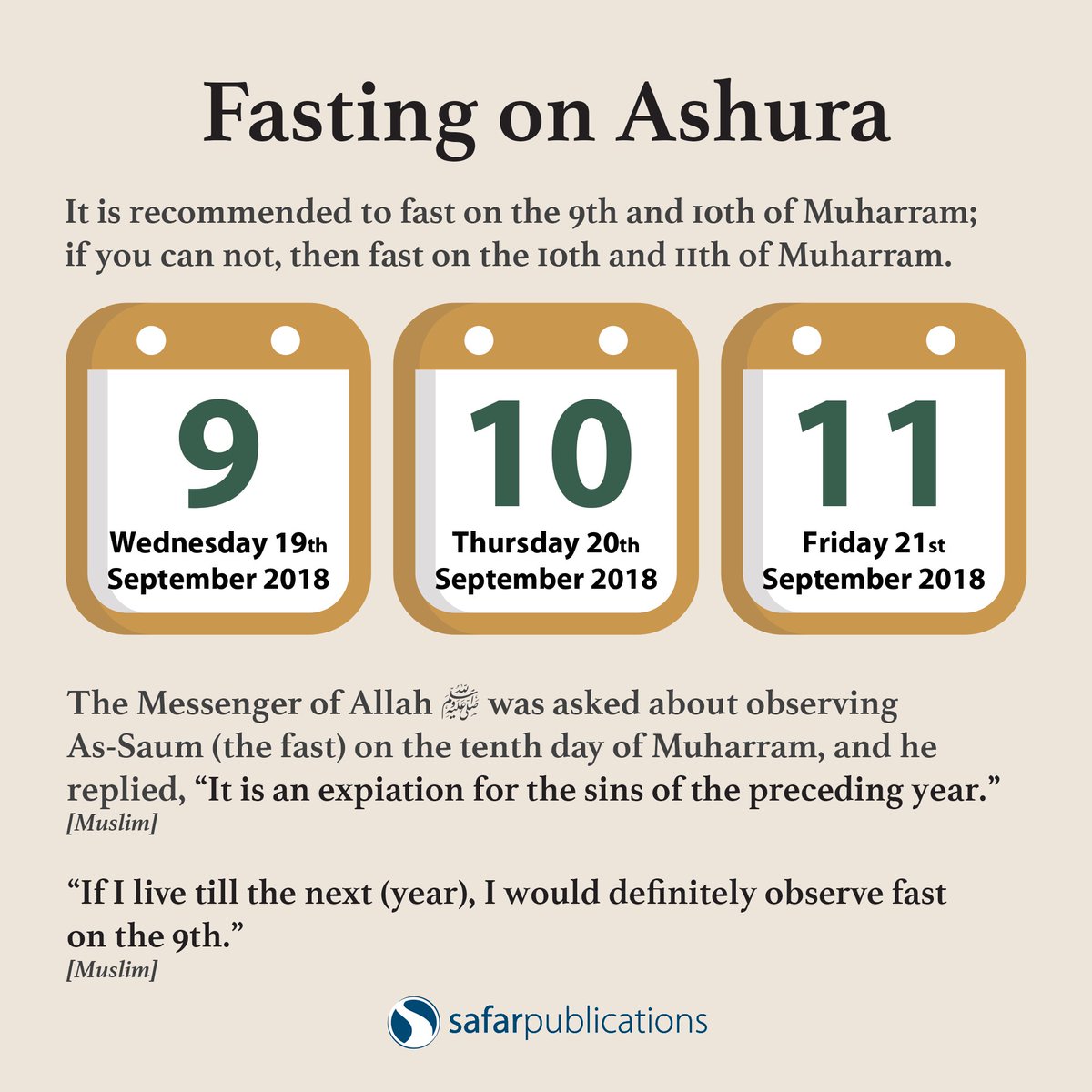 9th Muharram - Wednesday 19th September

10th Muharram - Thursday 20th September

11th Muharram - Friday 21st September