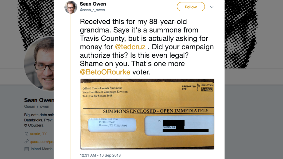 thehill's tweet photo. FEC: Cruz campaign didn't violate rules with fundraising letter labeled "summons" https://t.co/4g0Bh1OY0F https://t.co/qH31HzhsAT