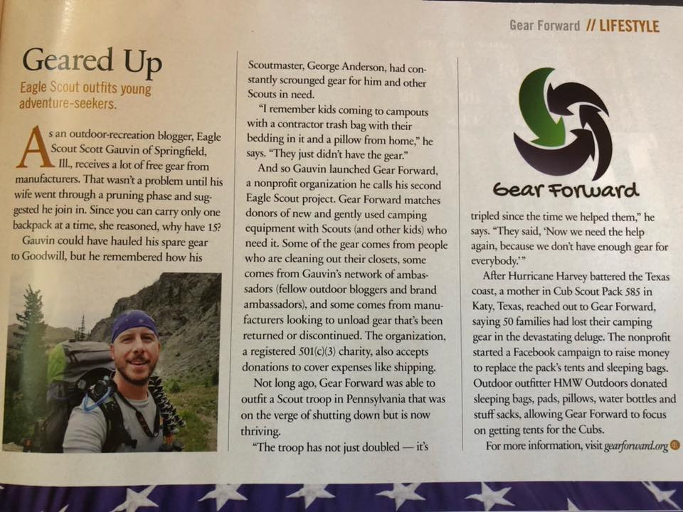 Gear Forward and our Ex. Director/Founder Scott Gauvin were featured in the Fall edition of Eagles' Call <a href="/NESABSA/">NESA</a> #hikerchat #eaglescout #nonprofit #givingback
