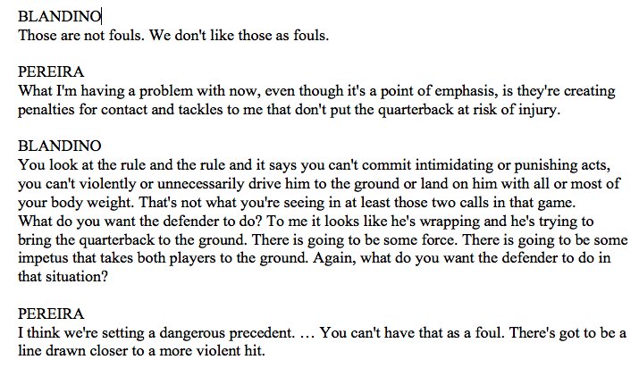 SeifertESPN's tweet image. Former @NFL officiating chiefs @MikePereira and @DeanBlandino issued strong rebuttals today to the league’s emphasis on roughing the QB, especially the two calls in MIN-GB. Relevant transcript: