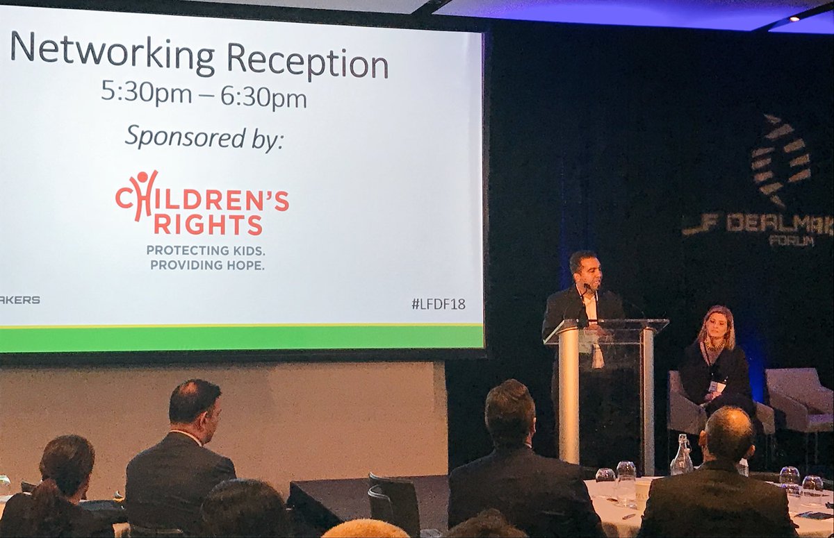 LFdealmakers's tweet photo. Some sobering words from our reception sponsor @ChildrensRights about how they use their #litigationfinance model for compelling reform that uses litigation to establish children’s constitutional rights and to protect them from maltreatment. #socialjustice #LFDF18 https://t.co/DTSBFgOhIT