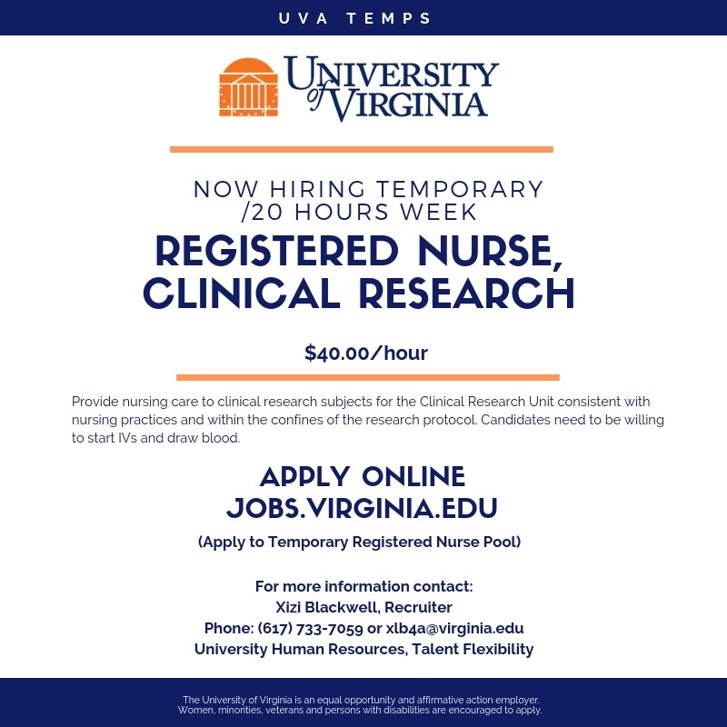 Looking for a part-time RN, Clinical Research position? Apply today at jobs.virginia.edu then select 'Temporary Registered Nurse Pool' or call Xizi "Sheza" Blackwell, Recruiter for more information. #researchRNTempjobs