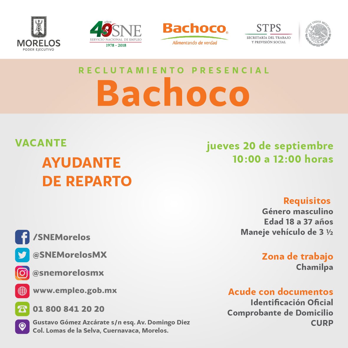 SNEMorelosMX's tweet photo. 🚨 RECLUTAMIENTO 🚨
Bachoco solicita la siguiente vacante
📍Calle Gustavo Gómez Azcarate s/n, col. Lomas de la Selva, #Cuernavaca
📆 Jueves 20 de septiembre
⏰ 10:00 a 12:00 horas https://t.co/JbLvybsISF