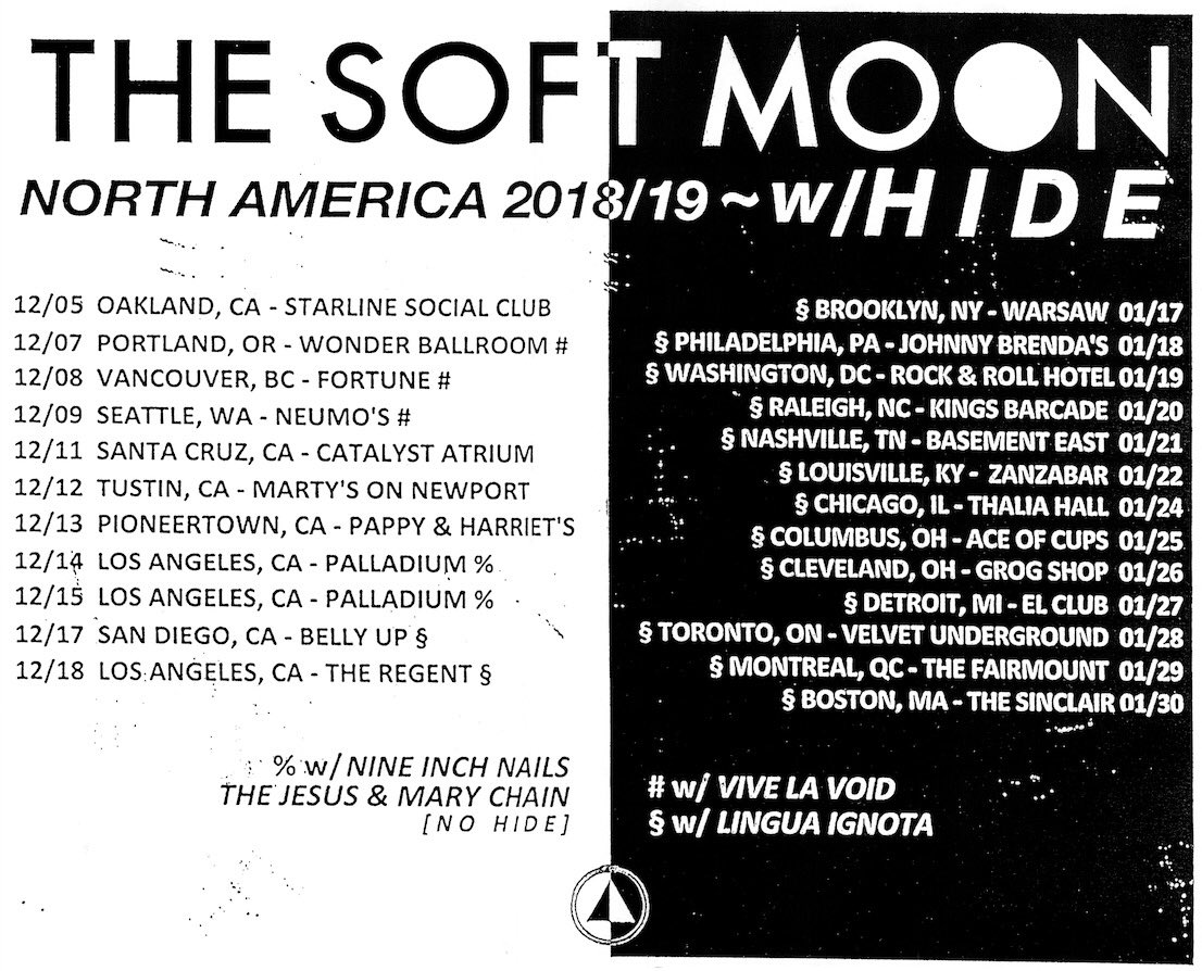 HIDE (@hide_band) on Twitter photo Excited to announce that we are touring with <a href="/thesoftmoon/">The Soft Moon</a> this winter! Dates below, with Lingua Ignota and Vive La Void 🖤🔪🏴thank you Soft Moon🖤🔪🏴 Excited to announce that we are touring with <a href="/thesoftmoon/">The Soft Moon</a> this winter! Dates below, with Lingua Ignota and Vive La Void 🖤🔪🏴thank you Soft Moon🖤🔪🏴
