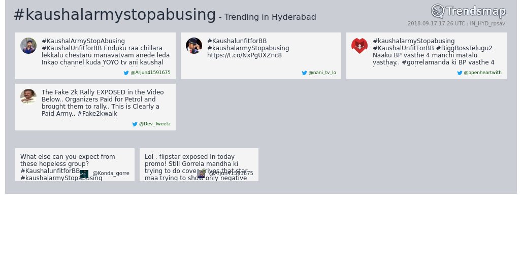 vivek_n48's tweet photo. Even @TrendsHyderabad is cornering #Kaushal and #KaushalArmy 😂😂😂

#BiggBossTelugu2
#KaushalArmyStopAbusing
#KaushalUnfitForBB 
#EliminateKaushal https://t.co/FaD8wLEZJc