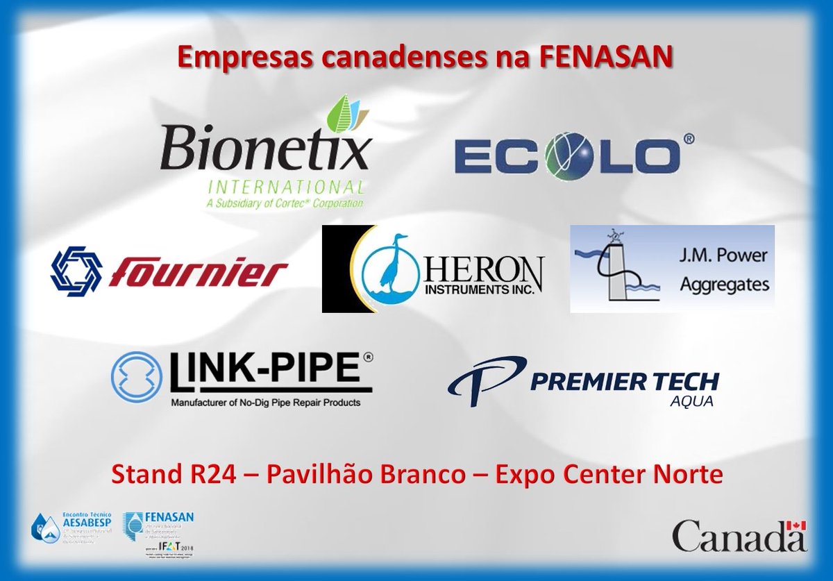ana_sudo's tweet photo. Visit the Canada booth R24 at #FENASAN2018! @HeronInc, @PremierTechAqua, @Bionetix_Intl, @EcoloOdorCtrl #JMPower, #LinkPipe, #FournierIndustries https://t.co/iMJ2tVeaTe