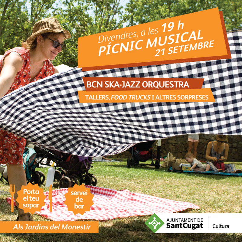 #SantCugat!
Torna la programació #cultural i comença amb el #PicnicMusical!
No us perdeu el concertàs de la <a href="/BcnSkaJazz/">Bcn Ska-Jazz Orq.</a> amb servei de bar, #FoodTrucks...
😏🎊I SORPRESES!
📅Divendres 21
⏰19h
📍Jardins del Monestir
+Info 👉ow.ly/KXqA30lQYmS