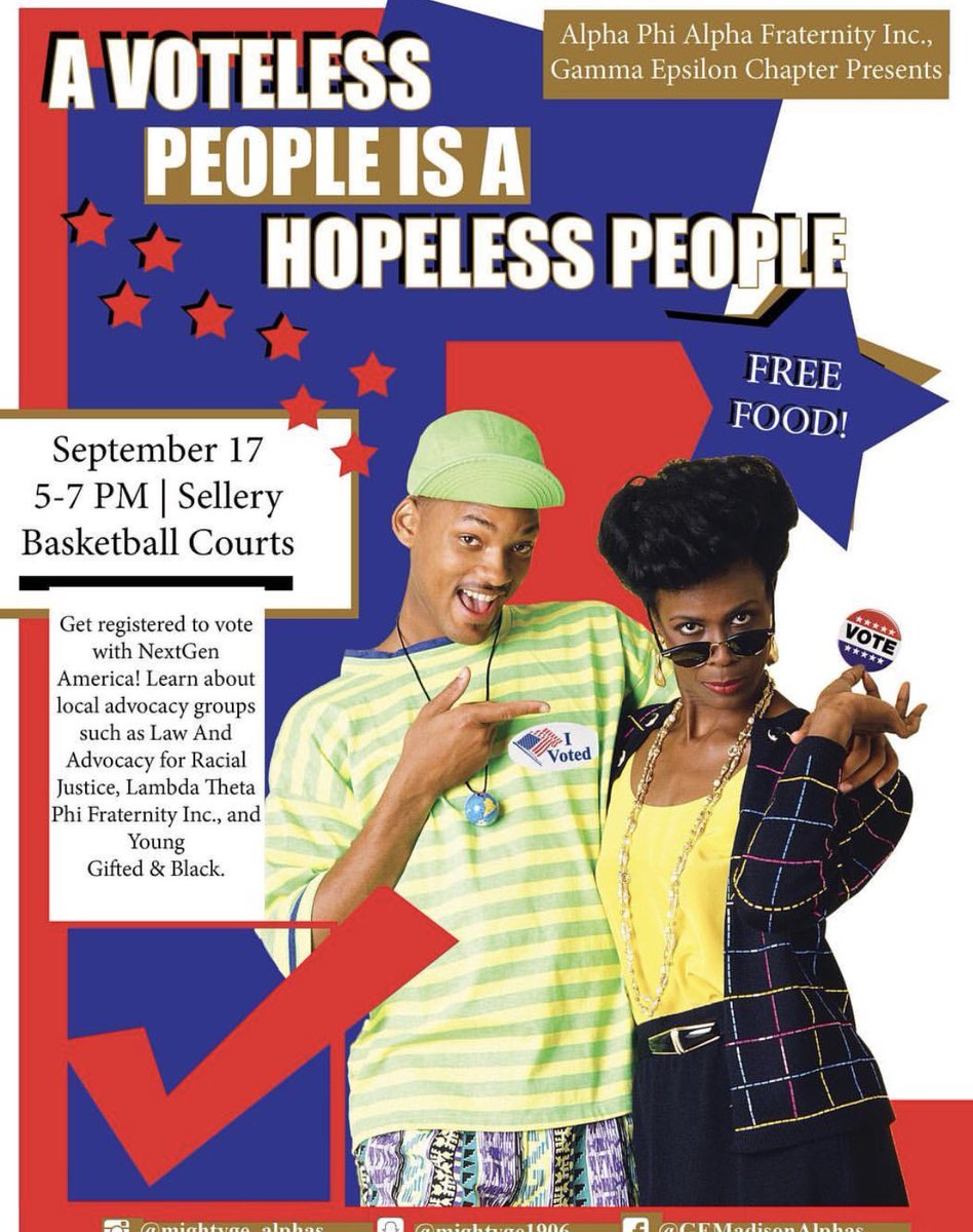 NPHCATUW's tweet photo. 🚨🚨🚨🚨
TODAY!
Register to vote with the Alphas, they’re servicing free food! Go meet them at the Sellery Basketball Courts  between 5 and 7. You’re vote counts, so make sure you register to vote. https://t.co/SwLkM7Ed6Q