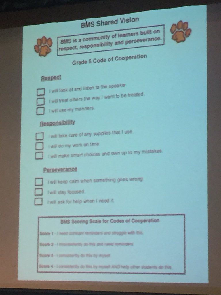 MaryBellavance's tweet photo. Our BMS students worked in teams to create their codes of cooperation for social and academic behaviors. Today they shared them at our school-wide morning meeting. #schoolculture #studentownedlearning #scl https://t.co/gq8L5Z7aDf