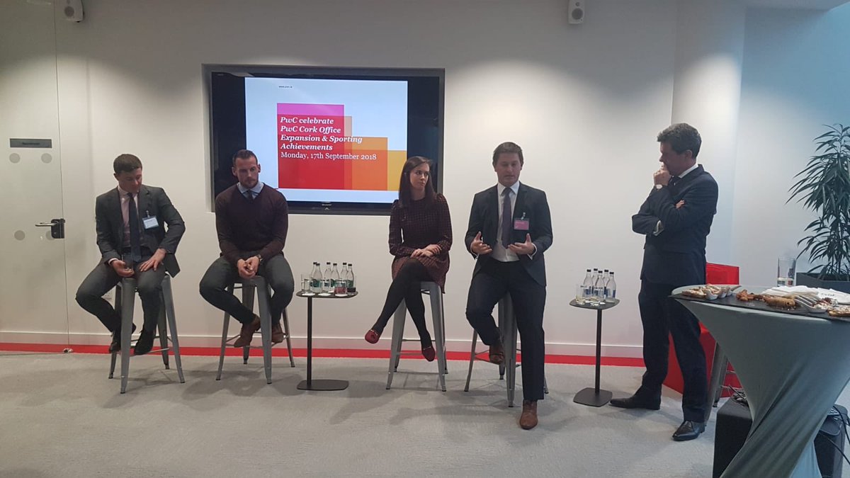 PwCIreland's tweet photo. A hugely talented sporting panel of @BeccaBa, @Fraggie8, @danielkearney89 &amp; @MrJackieTee kicking off our celebration to mark the expansion of our Cork office #pwccork #insidepwc https://t.co/zE0JjzCPSx