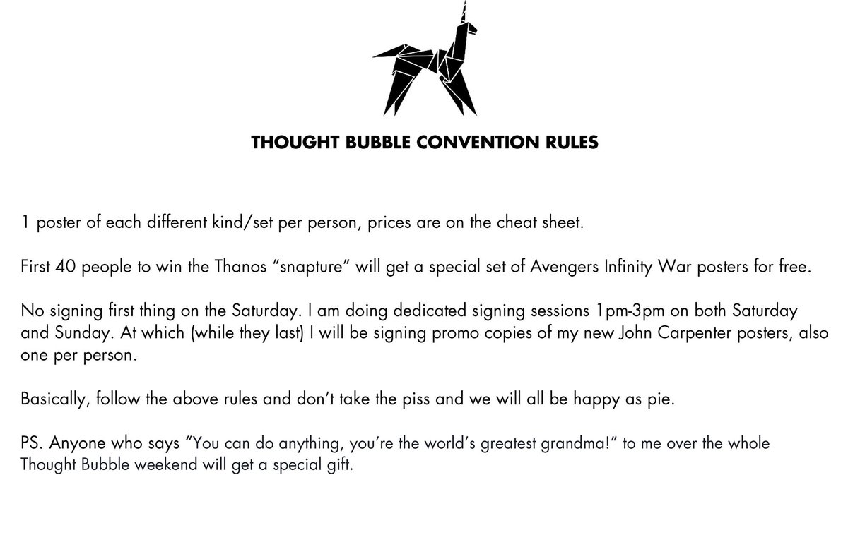 Cakes_Comics's tweet photo. Here's the rules for the Thought Bubble and Exhibition weekend, plus the cheat sheet again. See you all there.

Matt.

PS. Anyone who says “You can do anything, you’re the world’s greatest grandma!” to me over the whole Thought Bubble weekend will get a special gift. https://t.co/mGMXrpbFu3
