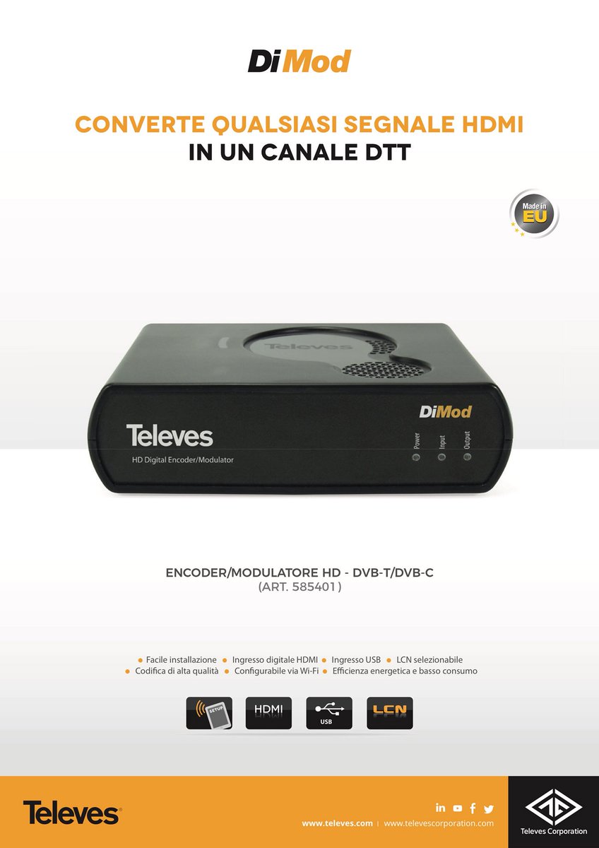 emidev78's tweet photo. 🎙#ModulatoreHD #DiMod > Novità
Il Dispositivo trasforma il segnale audio e video digitale (#HDMI), proveniente da una sorgente esterna, in un canale televisivo digitale #DVBT !
#Televes > #MadeInEurope https://t.co/OY3CJickW1