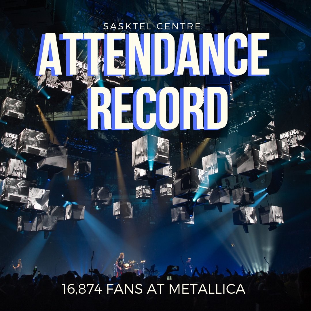 SaskTelCtr's tweet photo. IT'S OFFICIAL!  METALLICA shatters SaskTel Centre's event attendance record. On Saturday, 16,874 fans attended the sold-out show, breaking the previous record of 15,806. https://t.co/LrcpHmrTRA