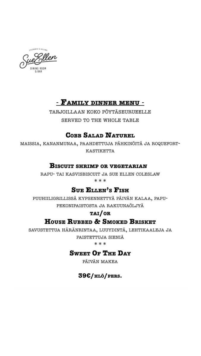 Halusimme tehdä yhdessä syömisestä entistäkin helpompaa ottamalla uudelle ruokalistallemme Family Dinner -menun: 4 ruokalajia ja hinta vain 39€/hlö😊 Menu myydään aina koko pöytäseurueelle, sillä se sisältää jaettavia, yhdessä nautituiksi tarkoitettuja annoksia🙏🏻