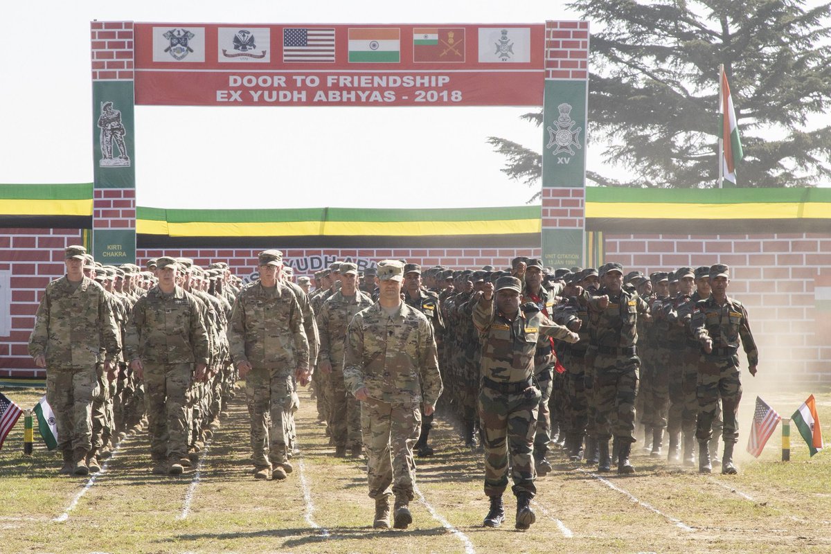 USARPAC's tweet photo. CHAUBATTIA MILITARY STATION, India - Soldiers with the U.S. Army's 7th Infantry Division and the Indian army's 99th Mountain Brigade officially began Yudh Abhyas training exercise with an opening ceremony, Sept. 16, 2018. 
#YA18 #USArmy @USArmy @PacificCommand @USAndIndia https://t.co/tijMJecnRf