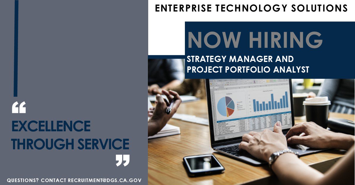 CalifDGS's tweet image. Two great opportunities with our IT shop here at DGS! Strategy Manager: lnkd.in/g-M9saA Project Portfolio Analyst: lnkd.in/gcFp78Q #itportfolio #itstrategy #projectmanagement #itmanagement #informationtechnology