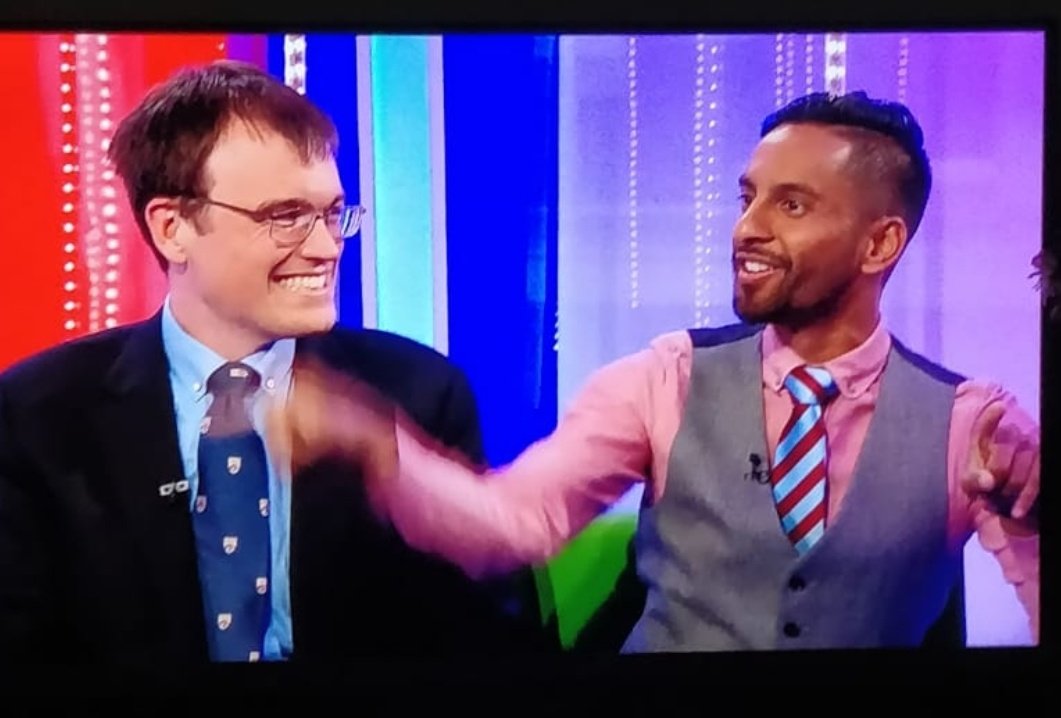 Received a few messages tonight telling me my favourite #UniversityChallenge contestants were on The One show, sorry I missed it lads, looking forward to your new tv show! You've been off our screens too long! <a href="/Bobby_Seagull/">Bobby Seagull</a> <a href="/e_monkman/">Eric Monkman</a>
