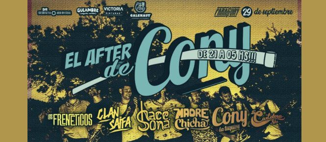 Agendá el Sábado 29/09, se viene un Festival de Bandas que te va a volar la peluca 💣💥
🎉🎉🎉 El After de Cony 🎉🎉🎉
🚀 <a href="/LOSFRENETICOS1/">LOSFRENETICOS</a> 🚀 <a href="/clansaifa/">Clan Saifa</a> 🚀 <a href="/HaceSona/">Hacé Soná</a> 🚀 <a href="/MotherChicha/">Madre Chicha</a> 🚀 <a href="/conylatuquera/">CONY LA TUQUERA</a> 🚀 <a href="/LaCarteleraSka/">La Cartelera</a> | ANTICIPADAS buff.ly/2Nh0YZt