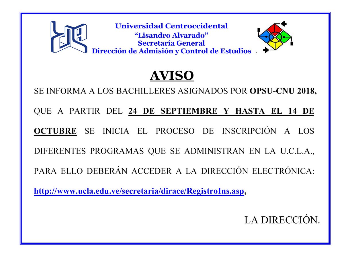 SecretariaUCLA's tweet photo. La Secretaría informa... Aviso Bachilleres asignados por OPSU 2018, inicio de inscripciones por el siguiente enlace #InscripcionUCLA #Opsu2018 #AsignadosUCLA https://t.co/wawX1gpkaN @UCLAve @opsuoficial @trafficLARA https://t.co/VXnu2sgwmK