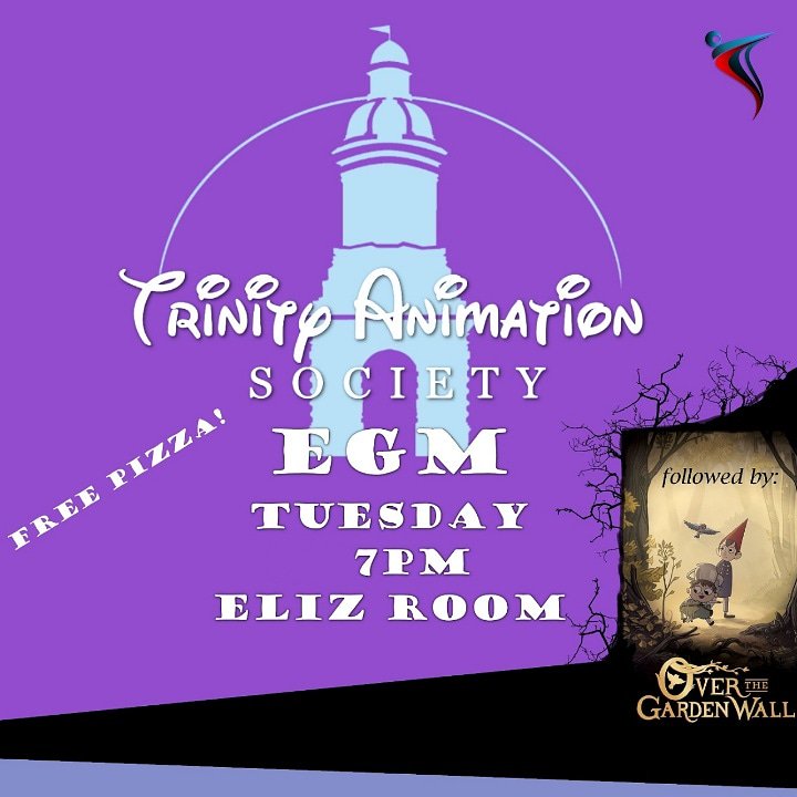 TCD_animation's tweet photo. An extraordinary general meeting appears, giving you the chance to join the Animation Committee! With free pizza! Refreshments will be provided in the Eliz Room, House 6 this Tuesday 7-9pm for our EGM. Afterwards we will be showing the series Over the Garden Wall. See you there! https://t.co/XmkVuPMRC8