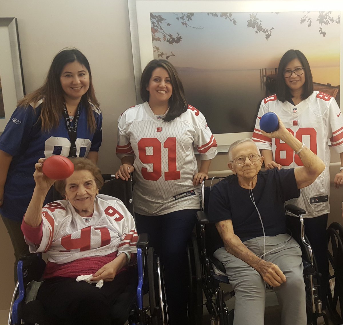 CareOneCares's tweet photo. Are you ready for some football!!! CareOne at Valley residents prepared for the #NewYorkGiants game last night by wearing their favorite players jersey. How did you prep for the #GMEN? #nfl #letsgogiants #nyg @nygiants #giantsfootball #westwoodnj #trustinourcare https://t.co/ujP1IUZmQS