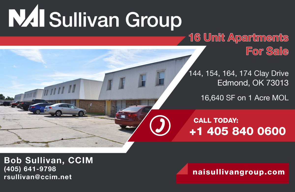 NAIRED_CRE's tweet photo. #NEWLISTING 16 Unit Apartments For Sale at 144-174 Clay Drive in #EDMOND. Contact Bob Sullivan, CCIM For Info. #CRE #NAISullivanGroup #MultiFamilyForSale https://t.co/GR6k4rftBv https://t.co/Lor5tz0PBi