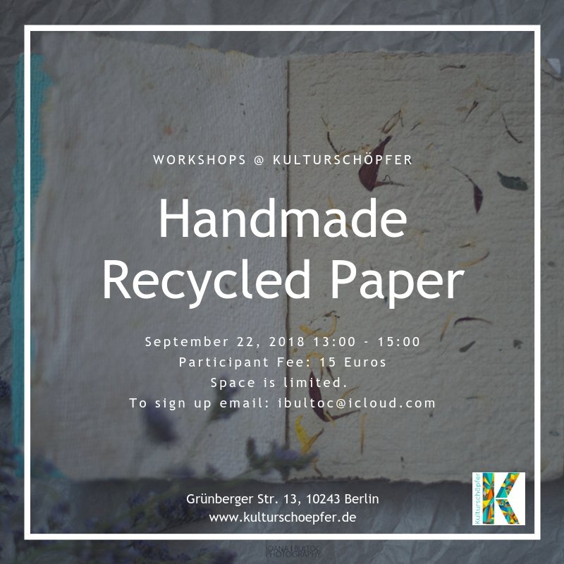 Kulturschoepfer's tweet photo. On Saturday our Handmade Recycled Paper Workshop returns, join us. Each sheet of paper is unique and authentic. Once dried, you can use for so many things.
#handmade #handmadepaper #papermakingworkshop #papermaking #upcycling #berlin #berlinworkshop #diy #paper #create https://t.co/ghEN8uSdye