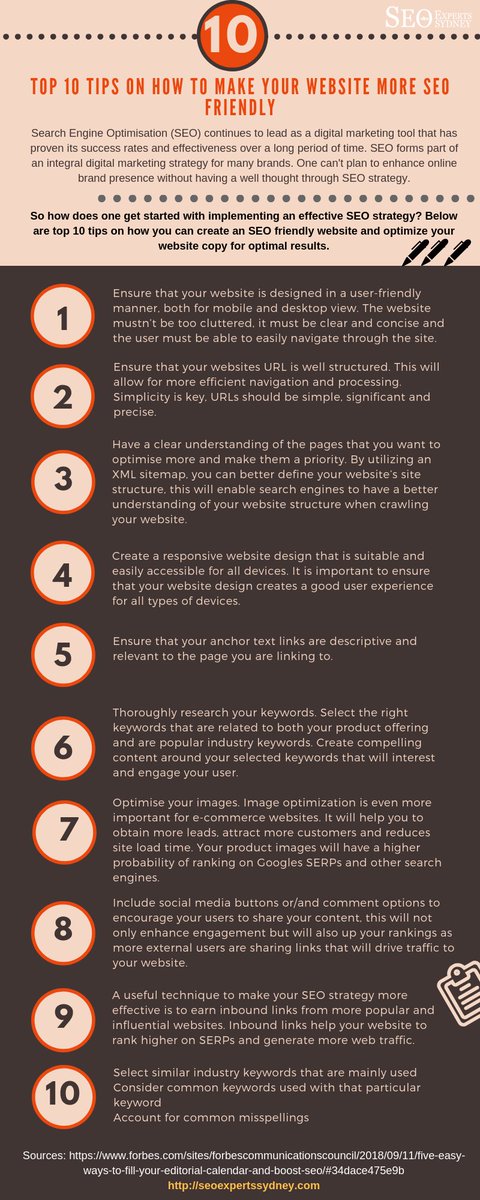 seoxpertssydney's tweet photo. Top 10 tips on how to make your #website more #SEO friendly

#Infographic #InternetMarketing #SEOtips #OnlineMarketing #marketing #DigitalMarketing #business #ecommerce #entrepreneur #b2b #contentmarketing #business #bloggingtips #Optimism #Google
===
https://t.co/p1aNRaHf5W
=== https://t.co/HCQRu9IgiF