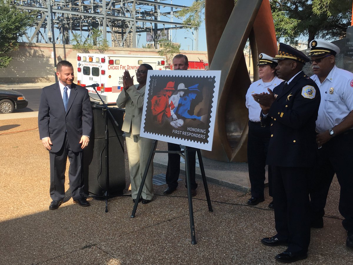 Chicago_Police's tweet photo. The United States Postal Service introduced the Commemorative Forever Stamp today honoring First Responders. Chicago Police, Chicago Fire and Emergency Medical Services were all present during today's special dedication.  #HonoringFirstResponders #FirstRespondersStamps https://t.co/JZ4sPRHehU