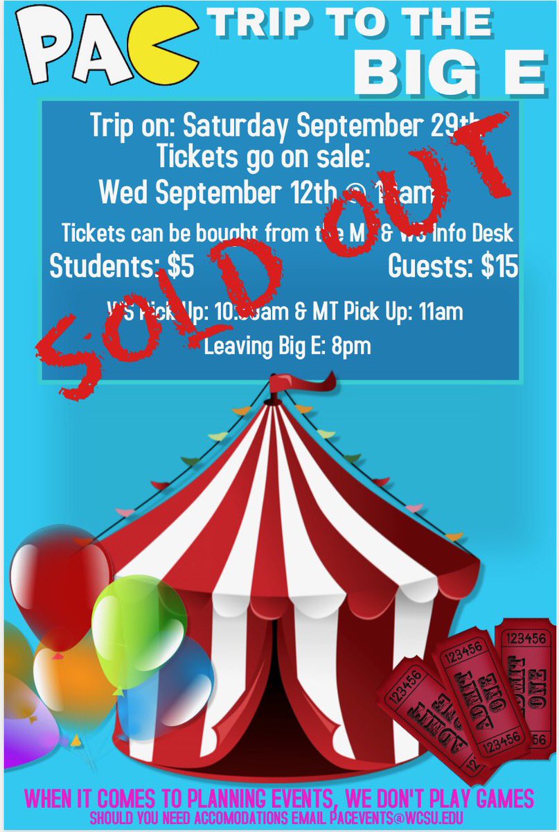 WCSU_PAC's tweet photo. The Big E trip is sold out, but if you'd still like to go you can be put on the waiting list! Email waldrop003@connect.wcsu.edu to be put on the waiting list. We hope to see you at our next trip to Lake Compounce's Haunted Graveyard on Oct 13th! https://t.co/1ksJ11FqIr