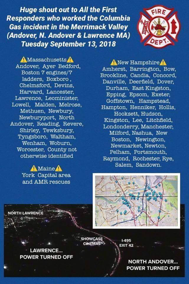 <a href="/Goffstown_FD/">Goffstown Fire Dept.</a> was one of the many Mutual Aid departments who assisted with the massive response to North Andover, Andover, &amp; Lawrence, Ma. during the catastrophic gas incident.  Goffstown Fire sent Engine 1 down last Thursday night and Saturday night. Strong Work by all involved!
