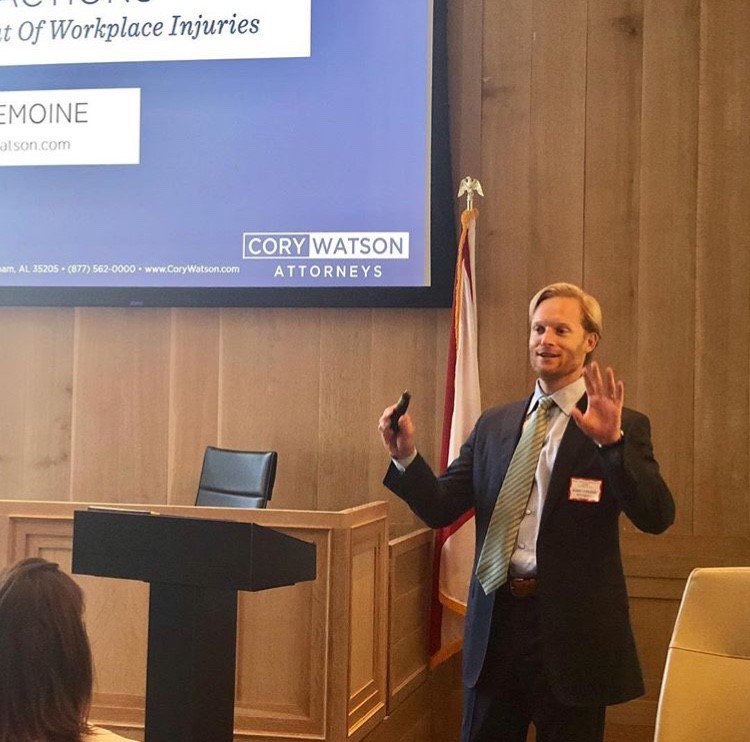 CoryWatsonLaw's tweet image. Attorney Bobby LeMoine taught on tort actions arising out of workplace injuries at the @AA4J 2018 Workers’ Compensation seminar. #ALWorkComp