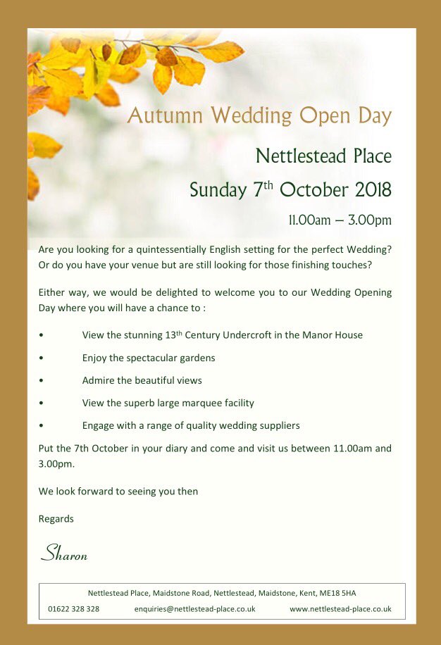 NettlesteadPL's tweet image. It's exactly 20 days until our Autumn Wedding Open Day ! 11am to 3pm, we look forward to seeing you all there! 

🥂🍾🌷💍 #spreadtheword