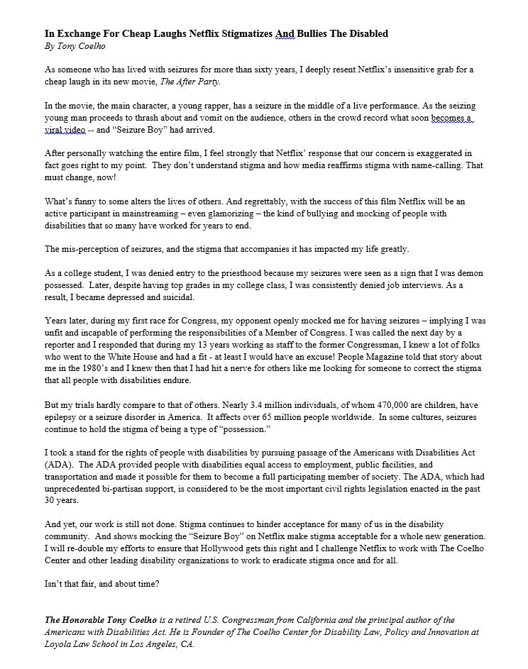 HonTonyCoelho's tweet photo. As someone who has lived with seizures for 60+ years, I deeply resent @netflix insensitive grab for a cheap laugh in its new movie, #TheAfterParty and wrote the following oped outlining why. #epilepsy #pwd @EpilepsyFdn #emmys @DrashmanCNN  https://t.co/vWuhBSyQ4E https://t.co/zkimUVzfkV