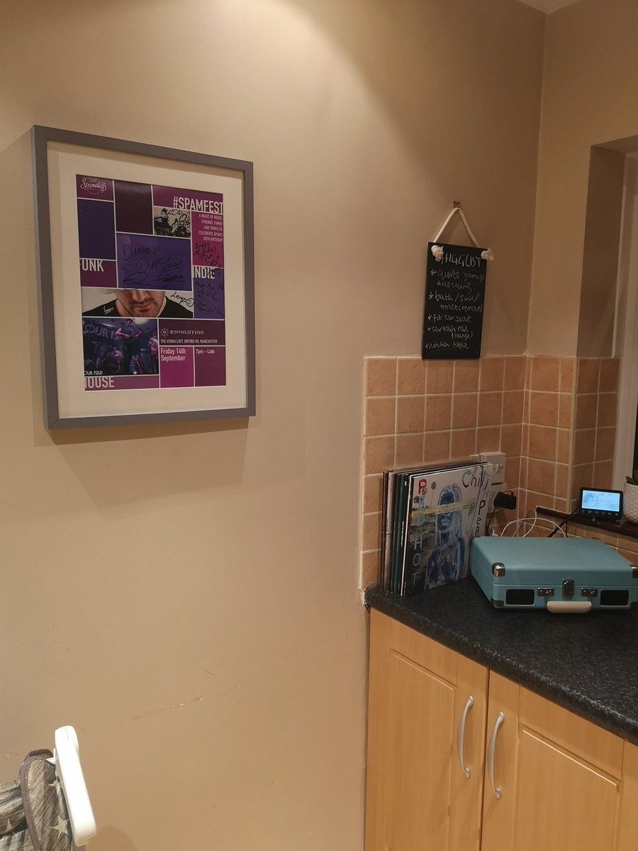 IamtheHiggster's tweet image. #SpamFest poster signed by @lempo, @ourfold and @SOThieves in prime Spam territory, in the kitchen near the vinyl. Looking good :) 

@spamellab
