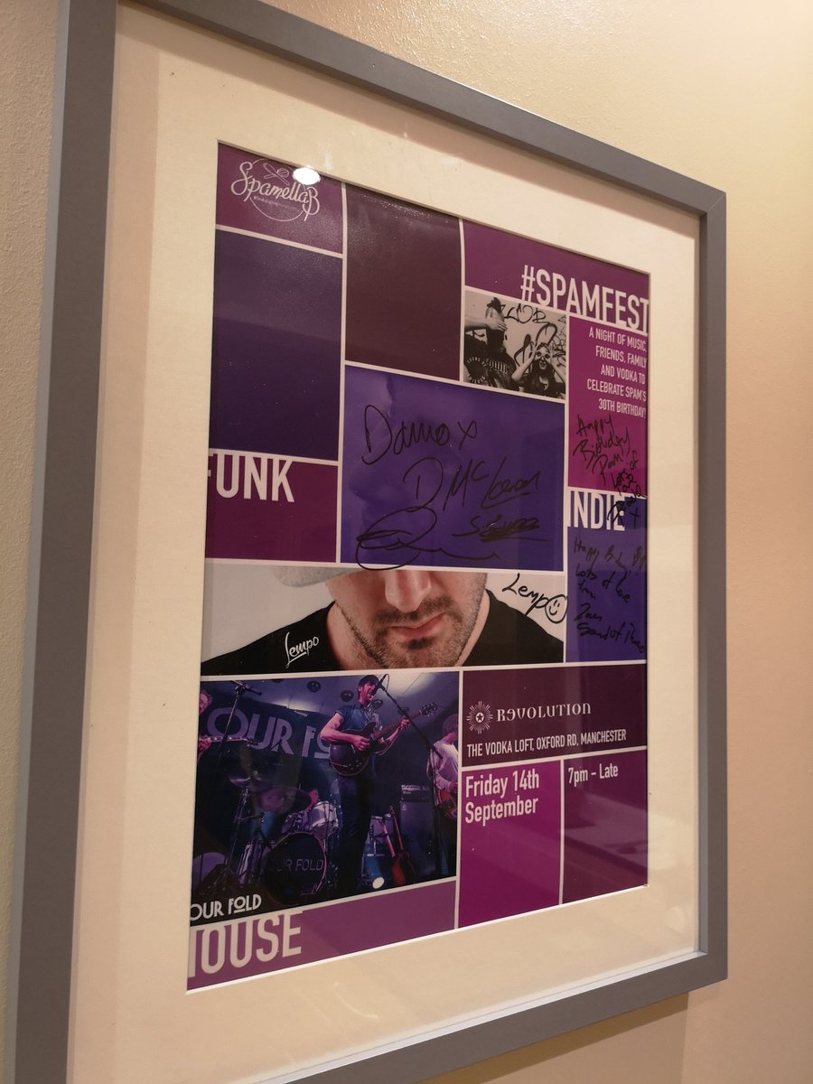 IamtheHiggster's tweet image. #SpamFest poster signed by @lempo, @ourfold and @SOThieves in prime Spam territory, in the kitchen near the vinyl. Looking good :) 

@spamellab